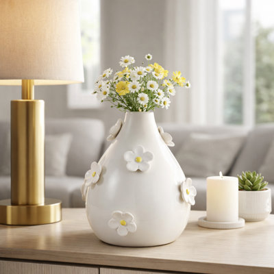 Daisy Embellished Ceramic Stoneware Flower Vase For Home Decor And Table Display - Tall Vase Accent For Shelves And Centerpieces - Ivory & Yellow