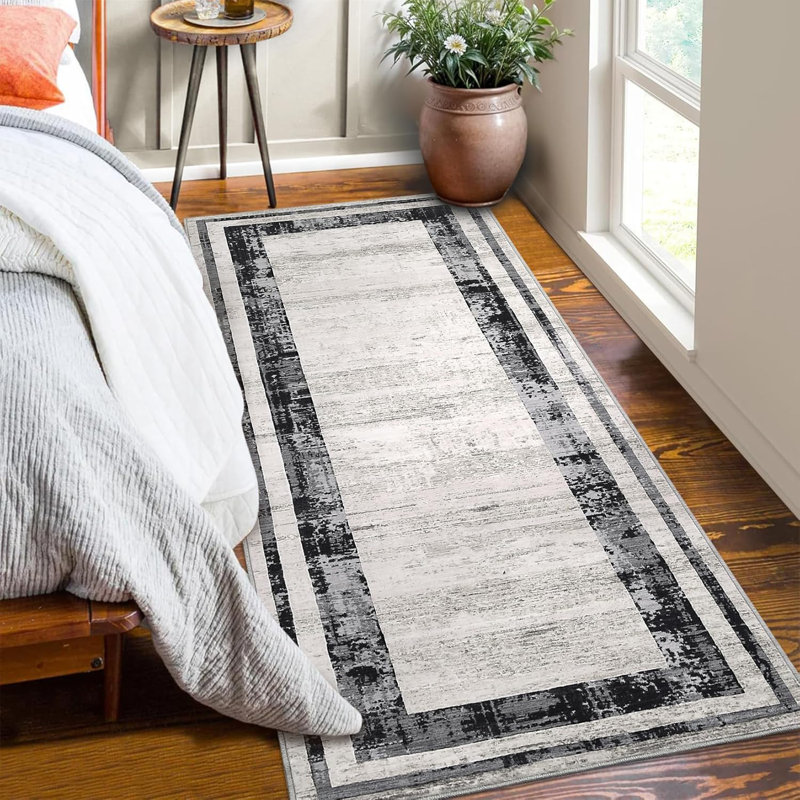 Washable Modern Distressed Edge Thin Indoor Rug, Low Pile Area Rug with Stain Resistant Surface, Non Slip Backing & Easy Clean for Living Room, Bedroom, Home Office, Entryway