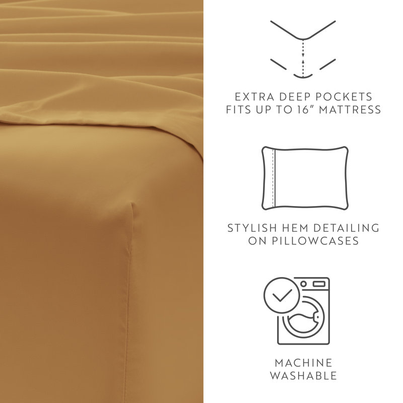 Sheet Set Solid Microfiber Ultra Soft Bedding, Gold, Full Sheet Set with 4 Pillowcases