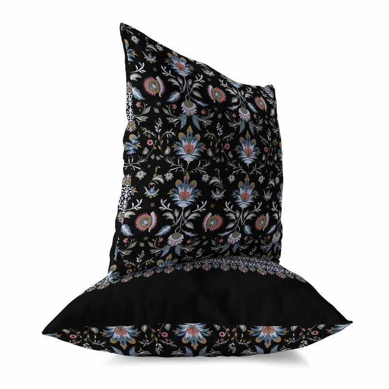Black and Pink Floral Reversible Square Throw Pillow