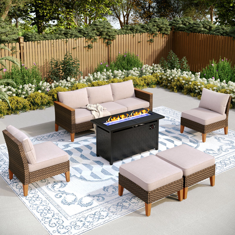 Phenice 7 - Person Wicker Outdoor Patio Furniture Set, Sectional Patio Set with Fire Pit Table