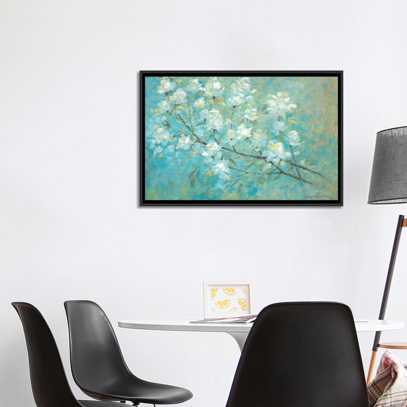 «Wild Rose Blossom» par Ruane Manning - reproduction d'art, H 26 po x l 40 po x 1,5 po, Toile avec cadre noir, Aucun mat