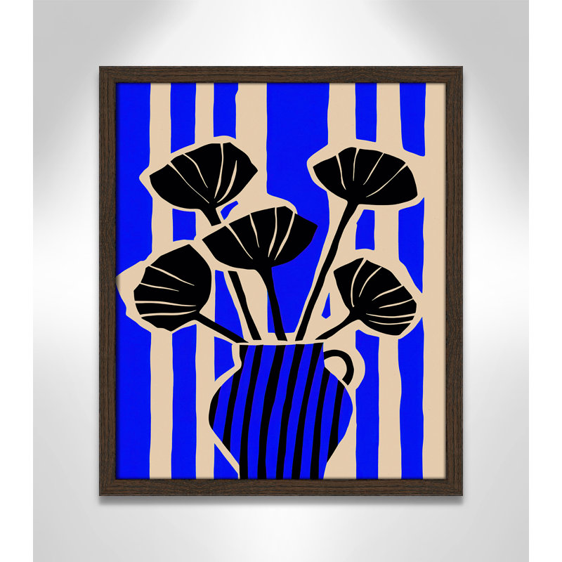 Vase rayé imprimé de fleurs par Treechild, Grain de bois noyer, L 16 po x H 19 po, Impression encadrée