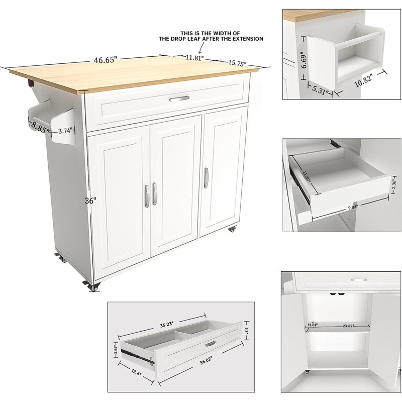 White Engineered Wood Kitchen Cart with Drop Leaf and Spice Rack