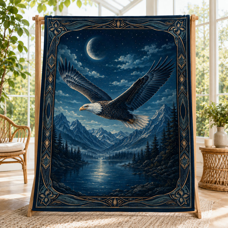 Couverture en flanelle vintage à motif d'aigle au clair de lune et de lac de montagne nocturne, ornée d'un oiseau en vol et d'un paysage sauvage étoilé, idéale pour canapé ou lit, 101,6 x 127 cm (40 x 50 pouces).