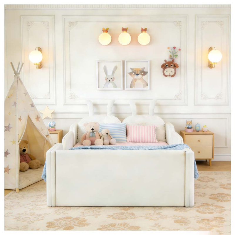 Lit plateforme tapissier simple avec coussin en lapin et rails latéraux amovibles