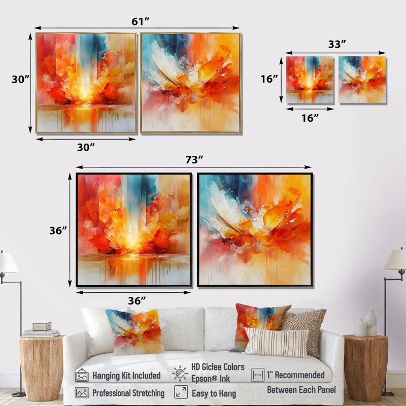 Orange coloré chaos I - art mural tachisme - ensemble d'art mural moderne 2 pièces, Toile tendue, Ne s’applique pas