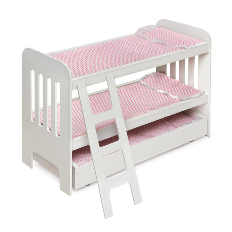 White and Pink Wooden Doll Bunk Bed with Ladder and Trundle