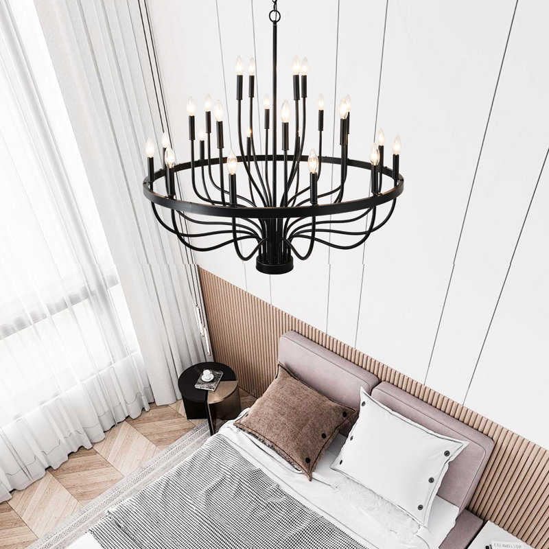 Bougie en fer noir mat 24 - industrielle pour la salle à manger, la chambre à coucher, le salon et la cuisine. Conception moderne suspendue. Hauteur réglable disponible. Douille E12 non incluse. Luxe rétro