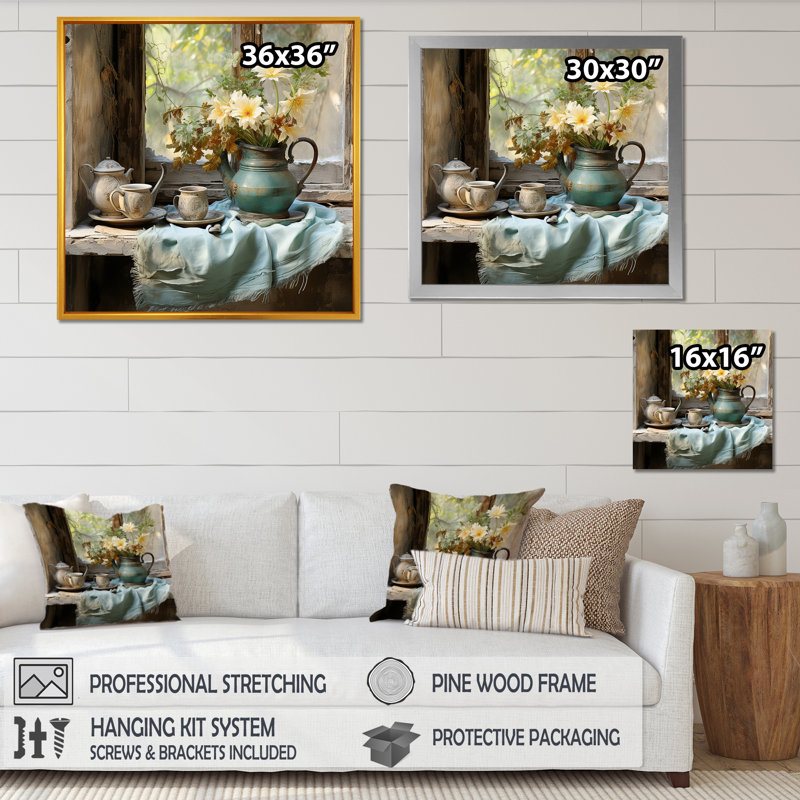 Charme de fenêtre floral jaune et vert antique - art mural fenêtres de ferme, H 16 po x l 16 po x P 1 po, Cadre simple blanc