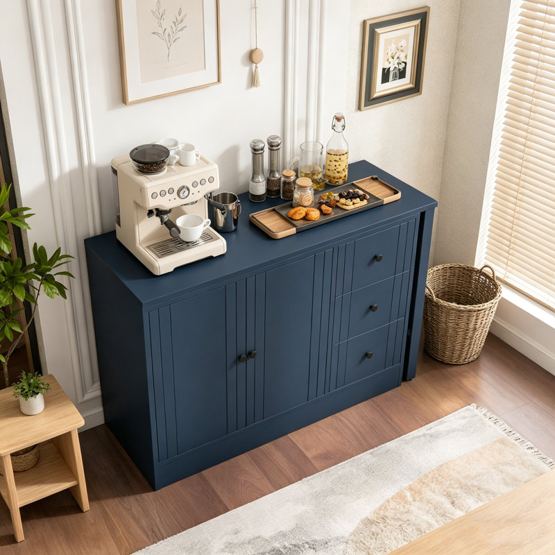 Buffet extensible 89,7 po en bois avec 2 portes et 3 tiroirs, armoire de rangement multifonctionnelle, Marine