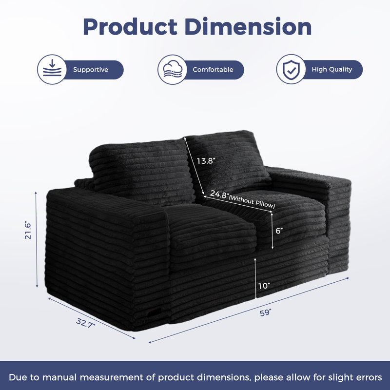 62" Compression Bean Bag Sofa Faux Fur Upholstered Loveseat Floor Sofa With Pillows, Loveseat, Black