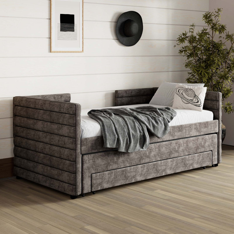 Twin Size Upholstered Daybed With Trundle And 3 Storage Drawers, Chenille Fabric Sofa Bed For Guest Room, Living Room, Space-Saving Modern Day Bed Frame, No Box Spring Needed
