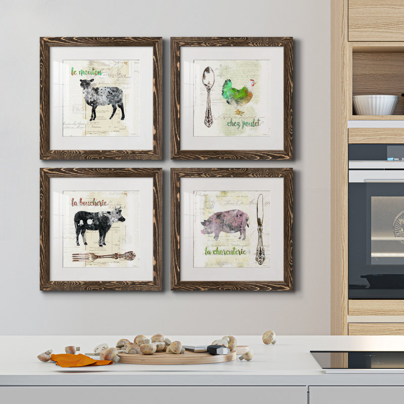 Golden Cuisine Sheep - Ensemble de 4 impressions sur toile encadrées, H 35,5 po x l 71 po x P 1,5 po, Cadre blanc