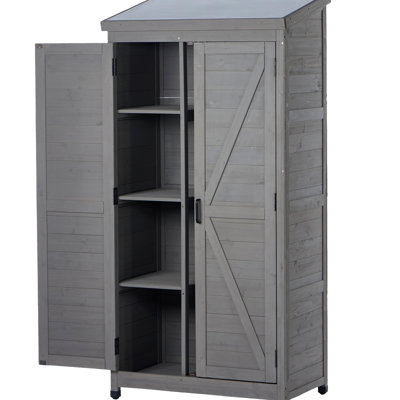 Outdoor Wooden Storage Shed With Metal Top Tall Vertical Tool Cabinet For Backyard Garden Patio Lawn