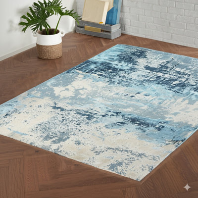 Ivory / Dark Teal Modern Transitional Hand Crafted - Artistic Elegance, Premium Quality, Versatile Home Decor Hand-Knotted Wool Area Rug