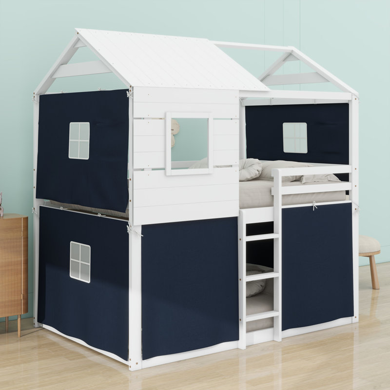 Bunk Wood House Bed With Tent, Blue, Full Over Full