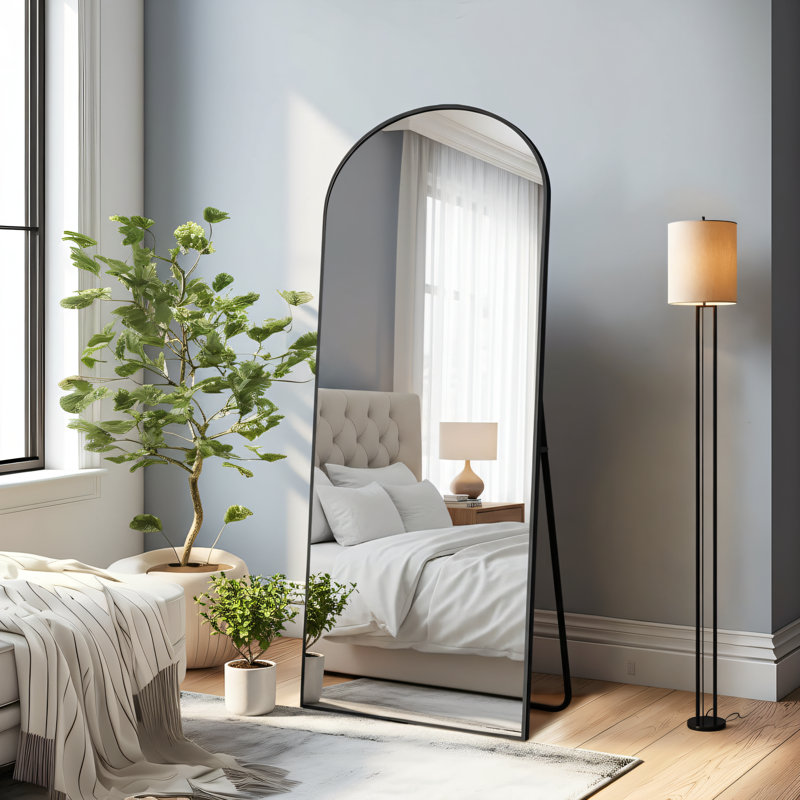 56×19 Inch Full-Length Mirror, Aluminum Alloy Frame, Floor-Standing Style, Can Be Placed Upright Or Wall-Mounted, Suitable For Bedroom, Living Room, Dressing Room, Curved Shape, Black.