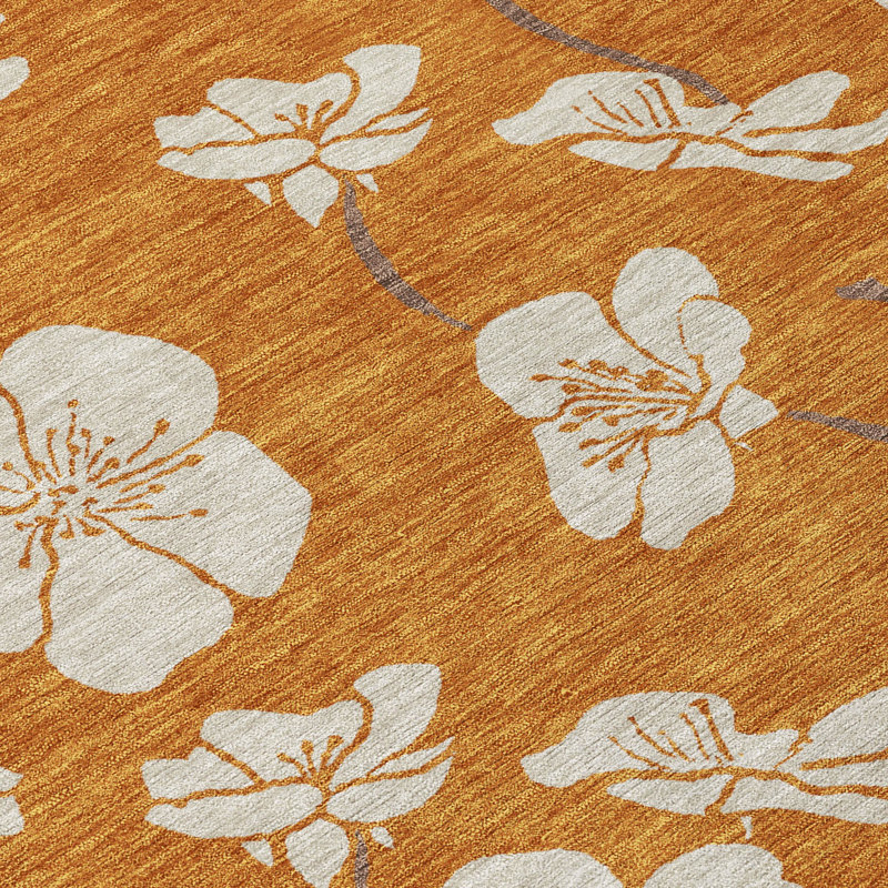 Paprika Floral Synthetic Washable Non-slip Rectangular Rug