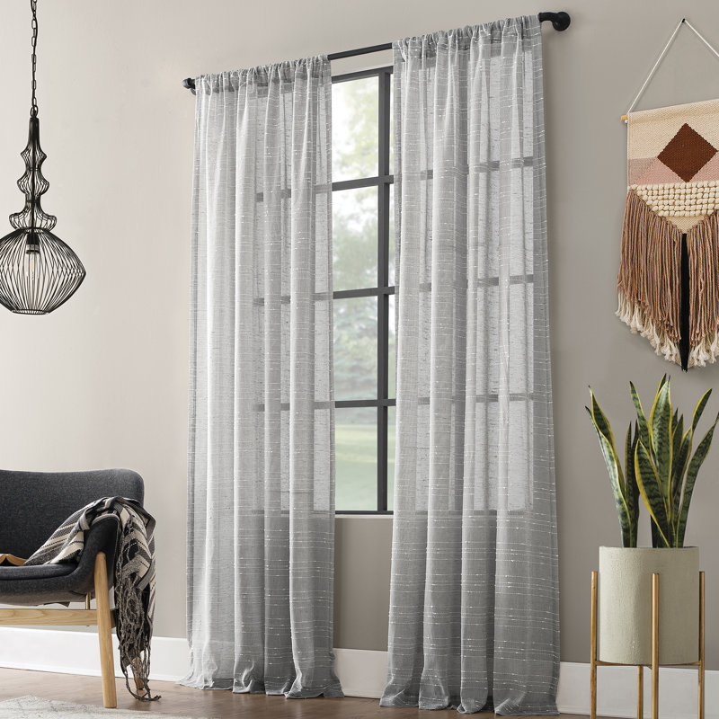 Textured Slub Anti-Dust Striped Semi-Sheer Rod Pocket Curtain Panel, 52" W x 84" L, Gray