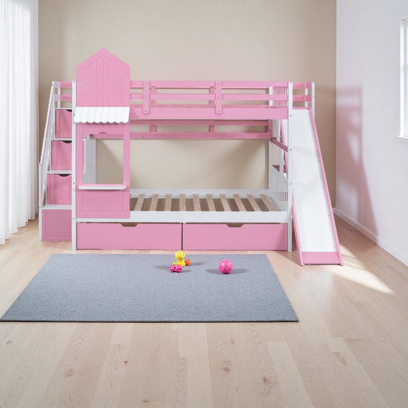 Full-Over-Full Castle Style Bunk Bed With 2 Drawers 3 Shelves And Slide, Pink