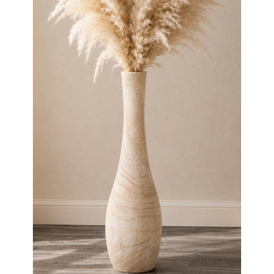 Vase de sol en bois de 56 cm de hauteur, style bohème rustique. Grain de bois naturel, surface beige peinte en blanc ; idéal pour le salon, le foyer et l’entrée.
