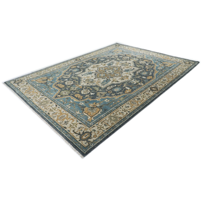 Tapis bleu en laine noué à la main 10 pi 2 po x 14 po Oushak, Bleu, Rectangle 10 pi 2 po x 14 pi