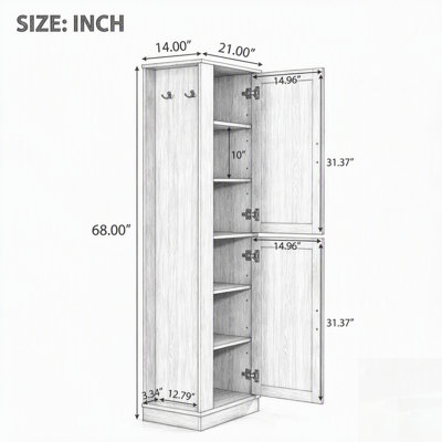 Tall Bathroom Storage Cabinet with Adjustable Shelf and Hook, Freestanding MDF Board