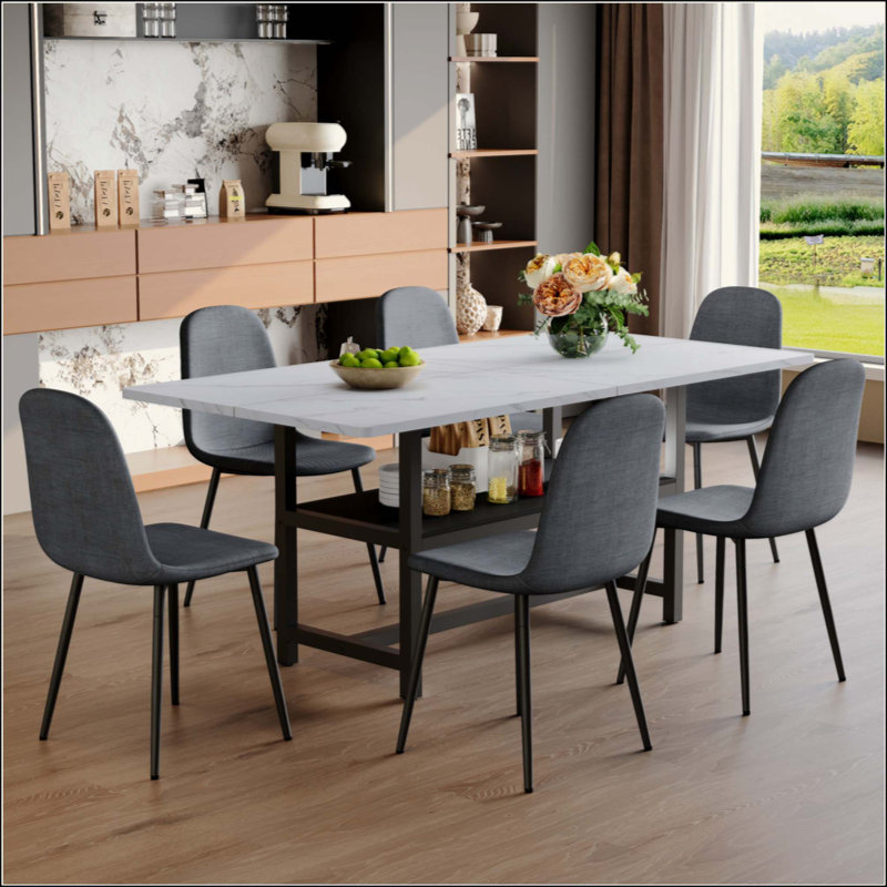 Table de salle à manger élégante avec rangement et 6 chaises en lin et coton à haute résilience, parfaites pour les maisons modernes