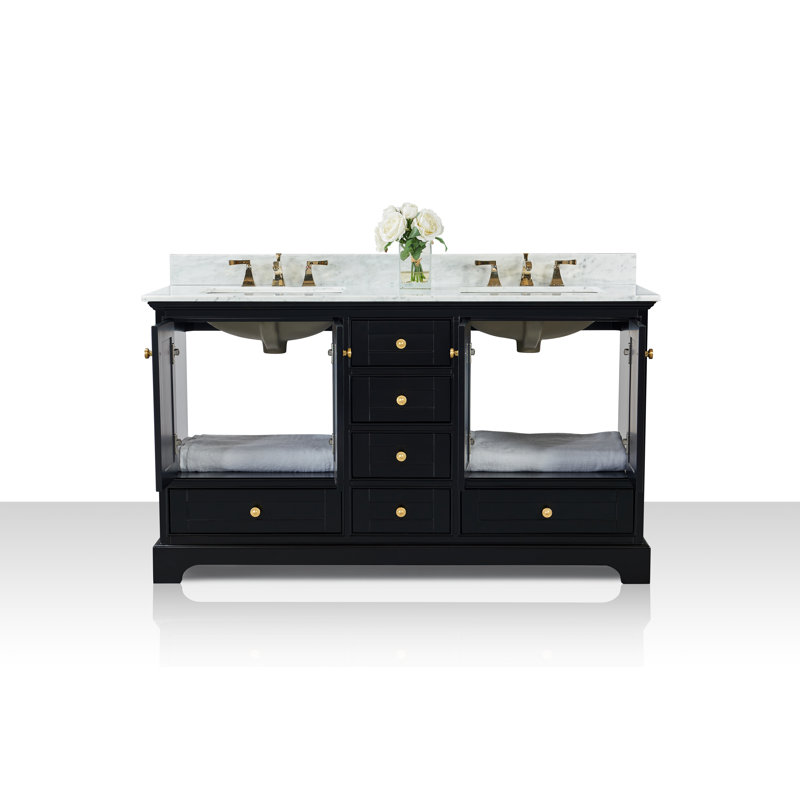 Audrey 66'' W Double Vanity, Carrara White, Black Onyx | Brushed Gold