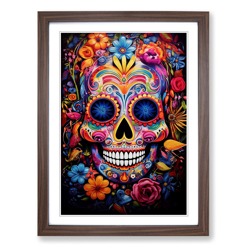 Sugar Skull Expressionism - Single Picture Frame Print on Wood, 34cm H x 25cm W x 2cm D, Walnut