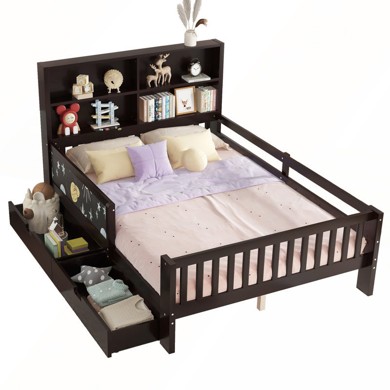 Lit plateforme double avec tableau noir, tiroirs et tablettes de rangement en bois massif, conception amusante et peu encombrante