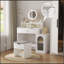 Bureau de coiffeuse blanc avec miroir pivotant à 360 ° et lumières réglables, coiffeuse de maquillage avec fauteuil de rangement et armoire d'appoint avec portes en verre Waveform, coiffeuse avec tiroir pour chambre à coucher