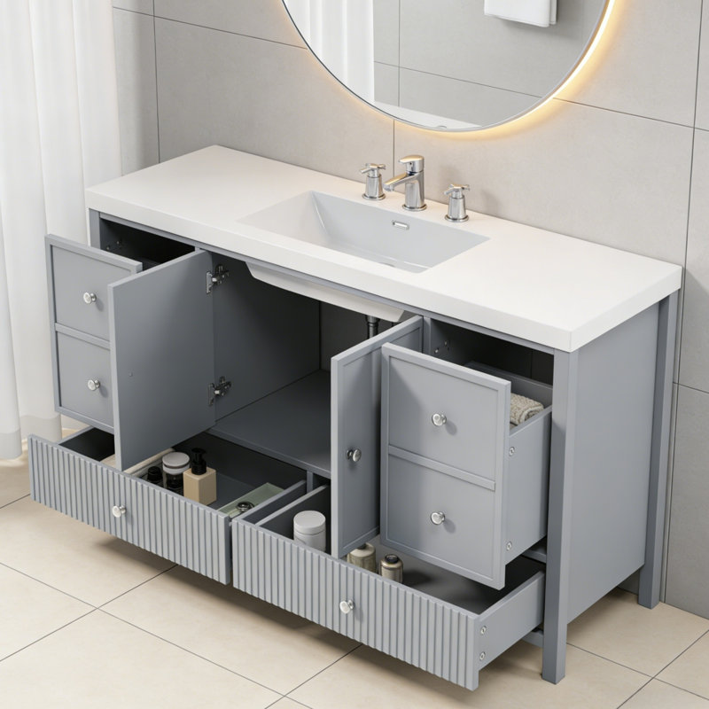 Meuble-lavabo moderne avec meuble-lavabo et lavabo, bois massif, rangement spacieux, salle de bain