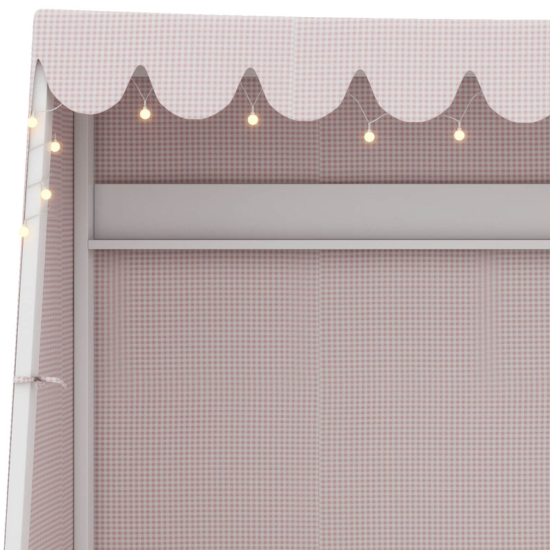 Structure de lit en bois avec lit gigogne, tente à carreaux, lumière DEL chaude, tablette de rangement, Blanc