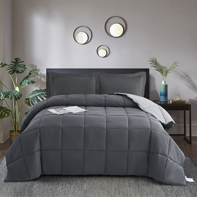 All Season Reversible Down Alternative Comforter Set with Shams - Breathable, Soft, Fluffy, Gray