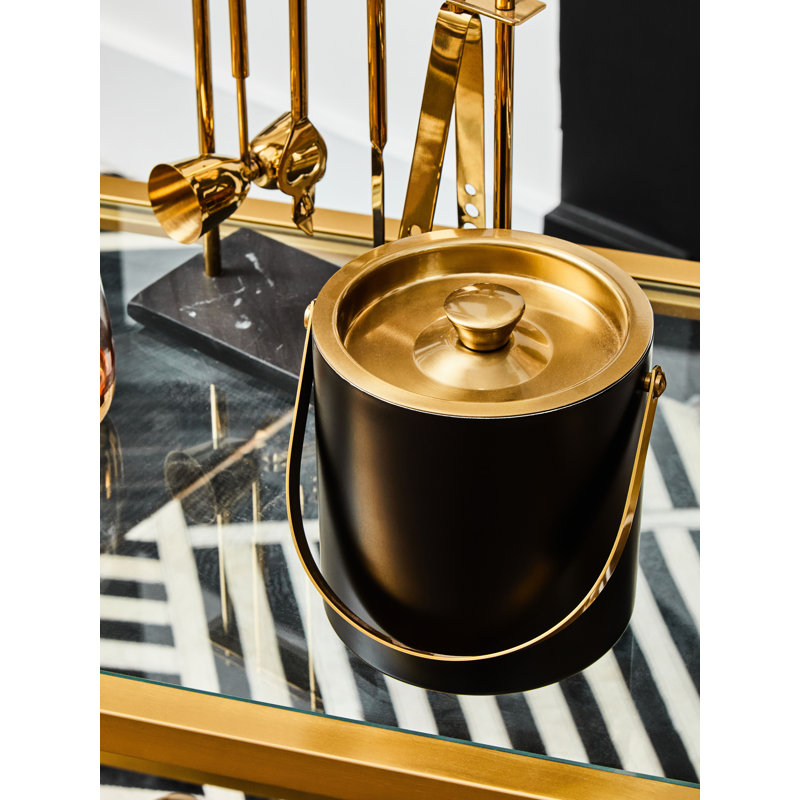 Aldrin Silver Finish Ice Bucket With Tongs, Gold/Black