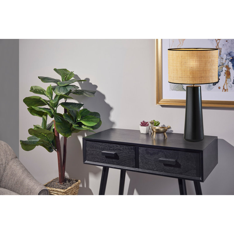Piazza Ceramic Table Lamp, Black, Natural Rattan w. Black Trim, 30''H x 16''W x 16''D