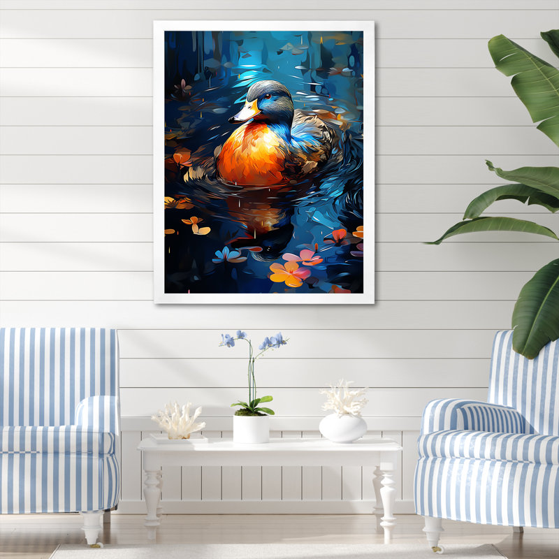 «Blue Duck Morning Quack Lake» - art mural animal canard, Cadre simple blanc, H 44 po x l 34 po x P 1,5 po
