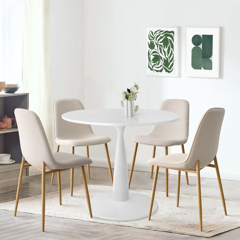 Folmar 4 - Person Dining Table Sets With 35'' Round Table & 4 Upholstered Fabric Chairs, Beige