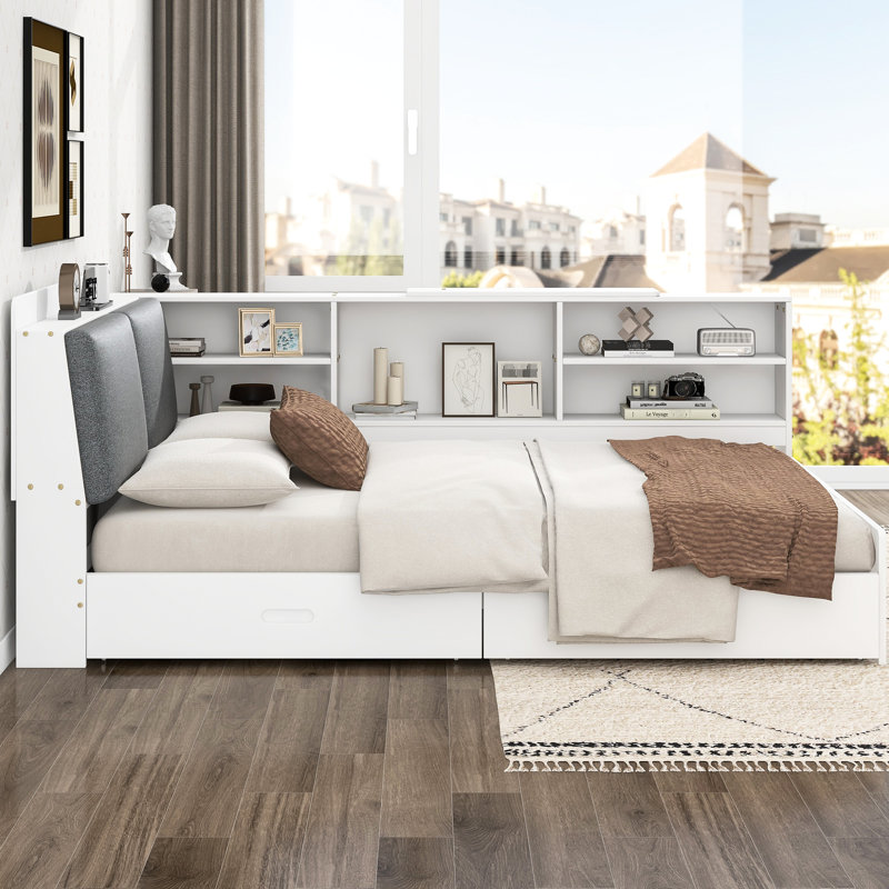 Lit double en bois blanc avec tête de lit avec rangement, tablettes et 2 tiroirs, structure solide et structure, Blanc