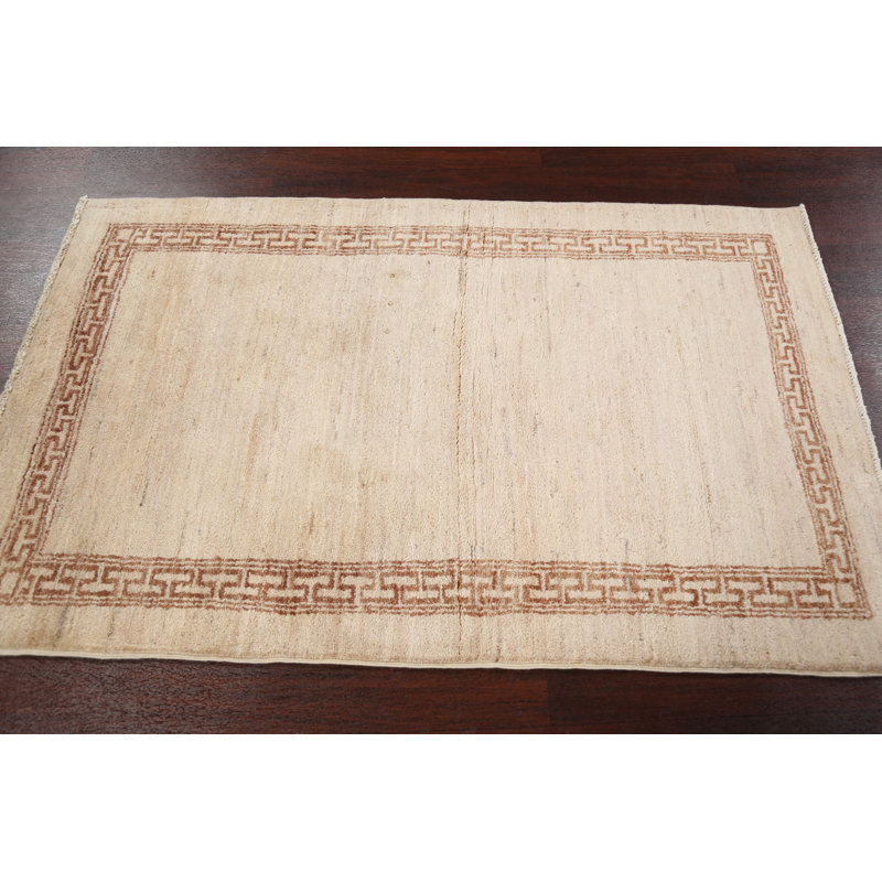 Tapis beige en laine noué à la main de conception unique 3 pi 2 po x 5 pi New Age