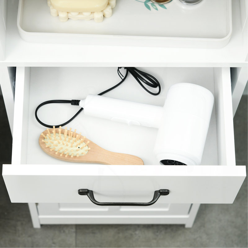 Slim Bathroom Storage Cabinet, Tall Bathroom Cabinet, Linen Tower With Open Shelf, Drawer, Recessed Doors, And Adjustable Shelves, White