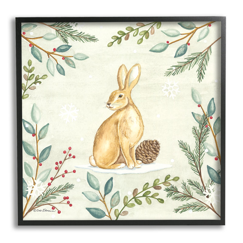 Lapin d'hiver et pomme de pin par Deb Strain, H 17 po x l 17 po x P 1,5 po, Giclée encadrée noir minuit