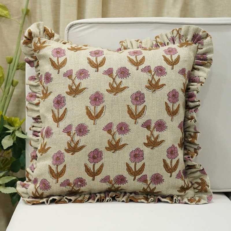 Fabdivine Floral Linen Frill Pillow Cover for Home Décor
