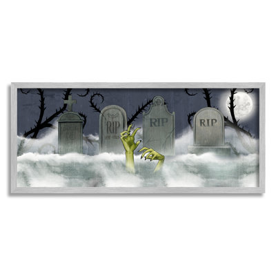 Zombie Émergeant cimetière brumeux pleine lune nuit, art numérique sur estampe numérique par Grace Popp