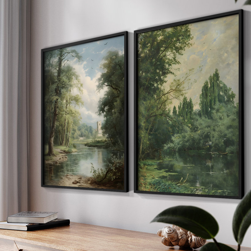 «Vintage Landscape XXXIII», impression giclée sur cadre - ensemble de 2, Noir, noir, noir, noir, H 9 po x l 22 po