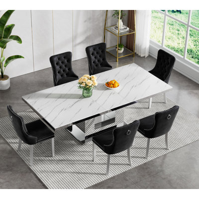 Extendable Dining Table Set, 62.99"-94.5" Faux Marble Dining Table & Tufted Velvet Chairs, Modern Mirrored Kitchen Dining Room Table and Chairs Set