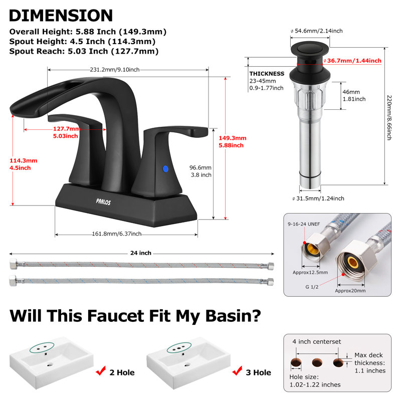Doris Waterfall Centerset 2-handle Bathroom Faucet with Drain Assembly, Matte Black