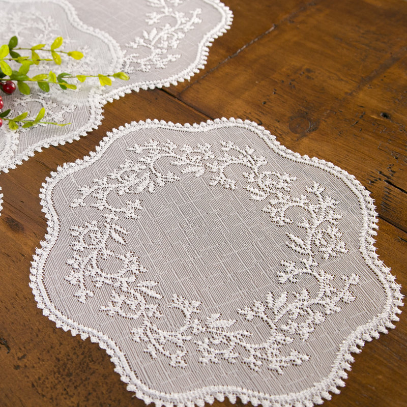 Pilar Polyester Floral Round Doily, White